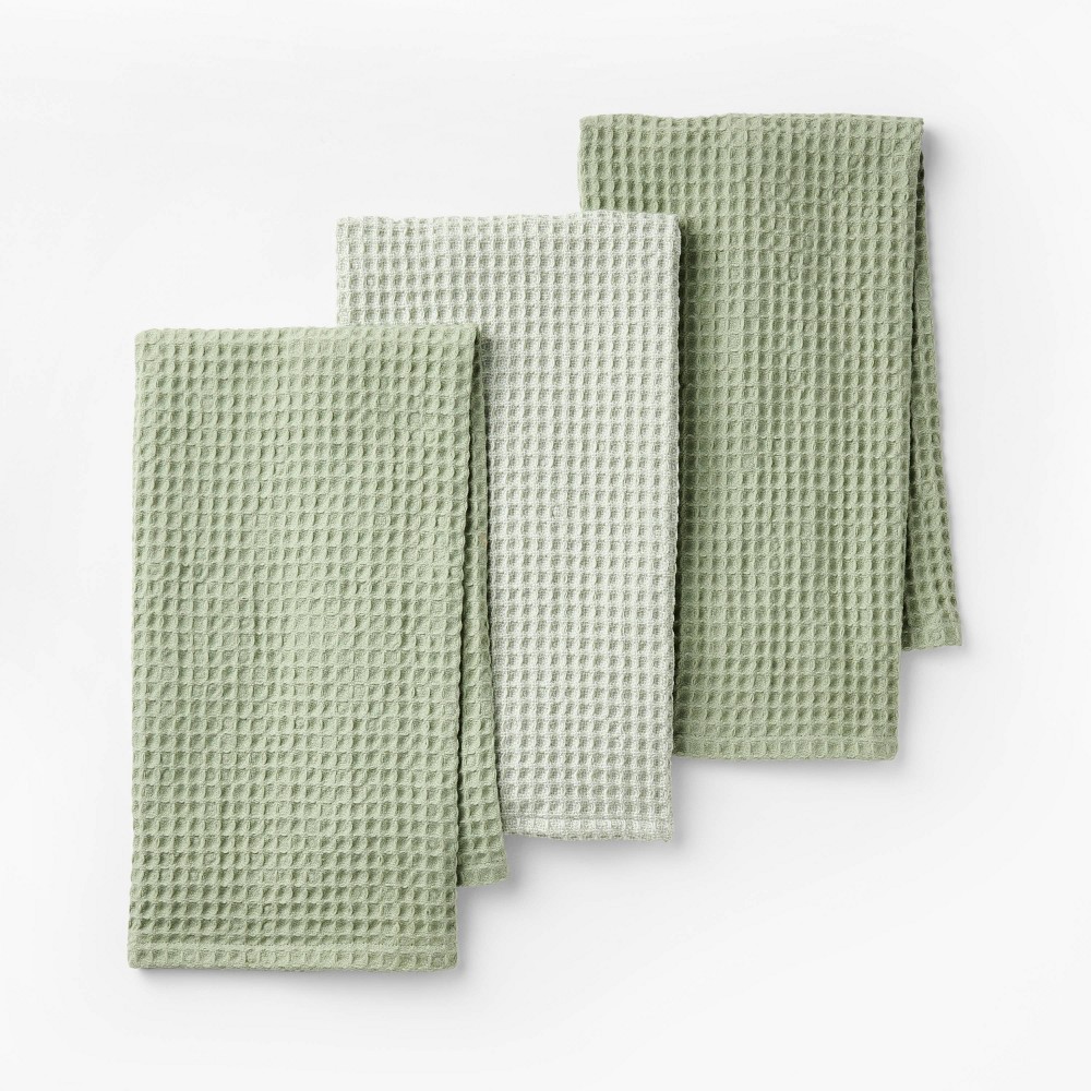 Photos - Other Accessories 3pc Waffle Kitchen Towels Green - Figmint™