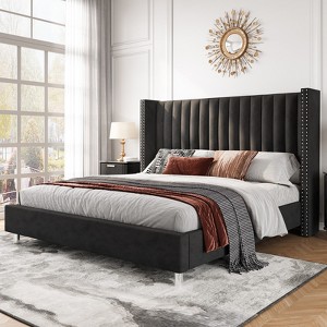 Bed Frame Upholstered Bed Wingback Headborad Velvet Channel Tufted - 1 of 4