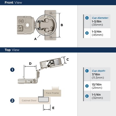 Nickel Finish 1-1/4 Inch Overlay Self-Closing Concealed Cabinet Hinge