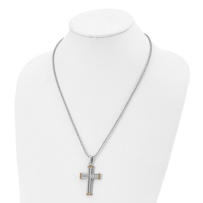 Chisel Stainless Steel and Textured Yellow IP-plated Cross Pendant on a 22" Ball Chain Necklace
