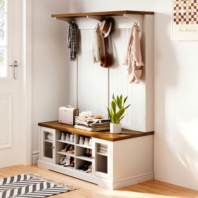 Luck Live Hall tree with a long bench and shoe storage, equipped with 4 hooks for coats, in beige, The laminate is adjustable.