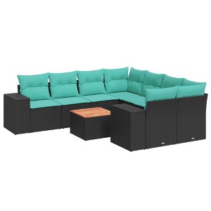 vidaXL 9 Piece Patio Sofa Set with Cushions - Black and Blue - 1 of 4