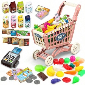 Red Shopping Cart Trolley for Groceries, 65 Food Playset, Pretend Play Food, Role Play Toy, Educational Kitchen Store Playset - 1 of 4