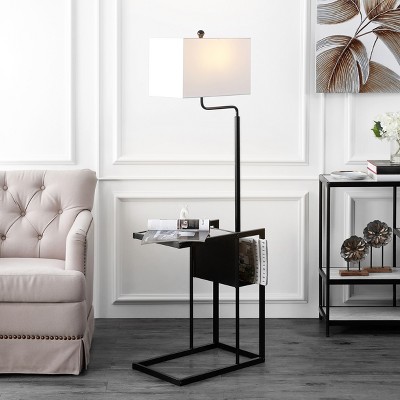 Janson Matte Black Floor Lamp with Shelf and White Shade