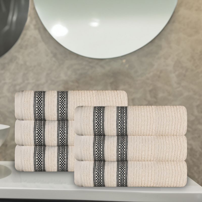 Zero Twist Cotton Ribbed Modern Geometric Border Hand Towel Set of 6 by Blue Nile Mills, 2 of 9