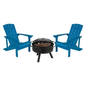 Emma and Oliver Three Piece Hartford Camping Set with Two Faux Wood Adirondack Chairs and Star and Moon Fire Pit with Mesh Cover - 1 of 4