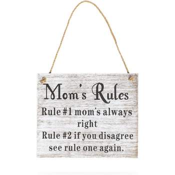 Juvale Mom's Rules Hanging Wood Front Door Decor for House, Front Porch, Coffee Color, 9.5 x 12 x 1 In