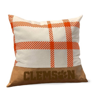 NCAA Clemson Tigers Farmhouse Plaid Faux Leather Throw Pillow