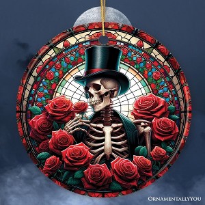 Elegant Bones Top-Hat Skeleton with Roses Stained Glass Style Ceramic Ornament, Halloween Themed Christmas Gift and Decor| OrnamentallyYou - 1 of 4
