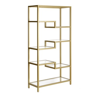 68 Inches 5-Tier Brass Metal Book Case with Glass Top Shelves - Henn&Hart