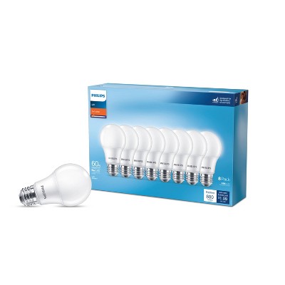 Philips LED 60W Frosted Soft White Non-Dim A19 8P (non-T20): 800 Lumens, E26 Base, 2700K, 10-Year Life, 8-Pack