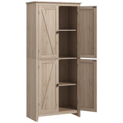 Natural Medium Wood Freestanding Kitchen Pantry Cabinet with Adjustable Shelves