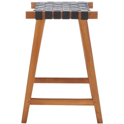 Abreu Black Woven Leather and Natural Wood Counter Stool