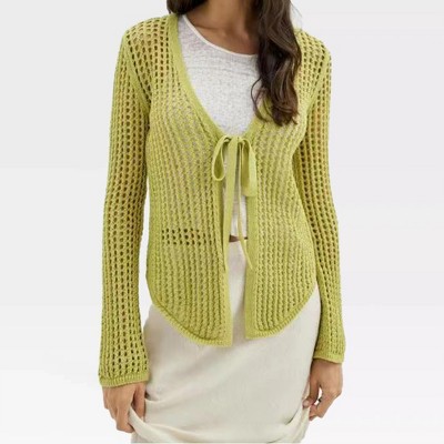 Womens Long Sleeve Crochet Cardigan Front Tie V Neck Knit Beach Cover Ups Tops Open Front Cardigan Summer Everyday Outfits