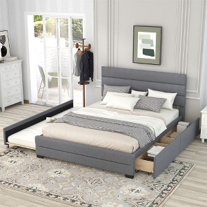 NicBex Queen Platform Bed Modern Wooden Bed Frame with Twin Size Trundle, Upholstered Headboard and Drawers for Bedroom, No Box Spring Required - 1 of 4