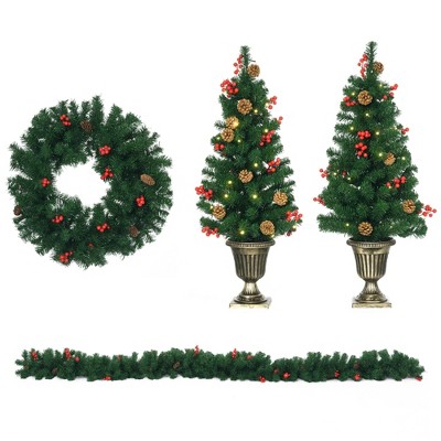 Aghana Digitals 4-Piece Christmas Decor Set: 2 Entrance Trees, Garland & Wreath with Warm White LED
