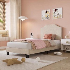 Twin Size Platform Bed Frame with Velvet Upholstered Headboard, Wooden Slats & Metal Support, Low Profile, Noise-Free,Pink/White - 1 of 4