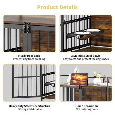Large Brown Steel and Wood Dog Crate Table with Bowls