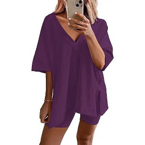 Ekouaer Womens Pajamas 2 Piece Lounge Sets Oversized V Neck T-Shirts Tops Biker Shorts Set Workout Reversible Tracksuit - 1 of 4