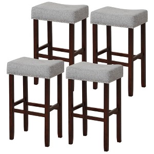 Tangkula Set of 4 Bar Stools Bar Height Saddle Kitchen Chairs w/ Wooden Legs Gray - 1 of 4