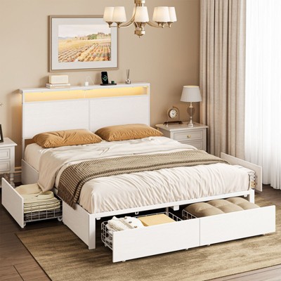 Hausource Bed Frame with 4 Drawers, LED Headboard & Charging Station, White Metal