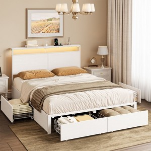 Hausource Bed Frame with 4 Drawers, LED Headboard & Charging Station, White Metal - 1 of 4
