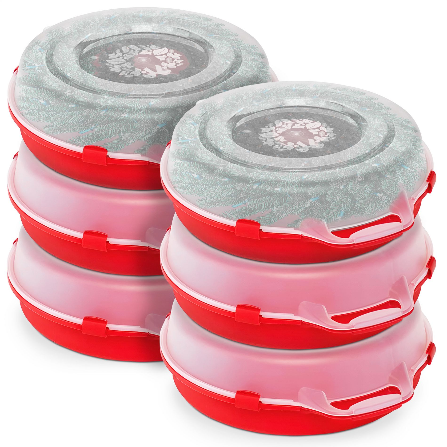 Homz 24'' Stackable and Nestable Holiday Wreath Plastic Storage Containers with Secure Latching Lid and Easy Grip Handle, Red/Clear (6 Pack)