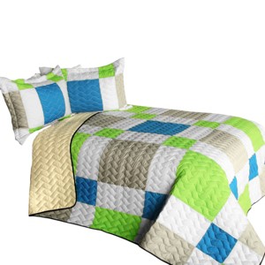 Slickblue Full/Queen, Patchwork Quilt Set, Machine Washable, Bedding, Geometric, 90.5"x90.5", Green/Pink, 3PC - 1 of 4