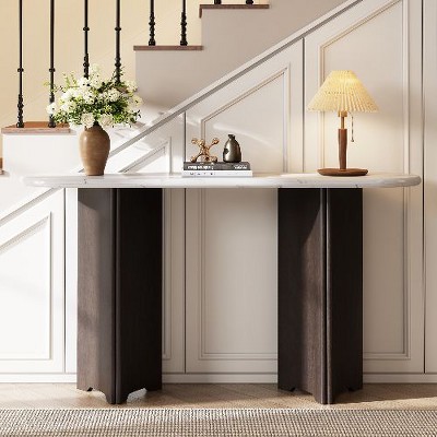 PAGED Faux Marble Console Table with Triangular Wooden Base, Oval Edges Rustic Entryway Table, Entryway Sofa Side Table, Hallway Accent Table