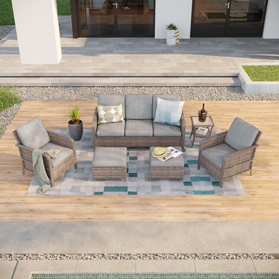 Sonkuki 6 Pieces Patio Sofa with Ottomans Set, All-Weather PE Rattan Wicker, Patio Conversation Couch with Cushion