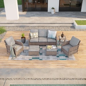 Sonkuki 6 Pieces Patio Sofa with Ottomans Set, All-Weather PE Rattan Wicker, Patio Conversation Couch with Cushion - 1 of 4