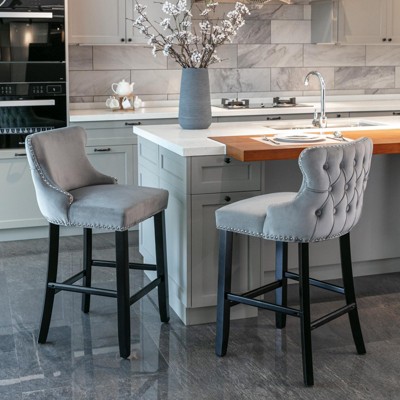 INFURNIC Counter and Bar Stools Velvet Wing Back Barstools with Tufted Back and Nailhead Trim for Home Bar, Gray, 22"*19"*37"