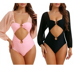 INSPIRE CHIC Women's Cut Out Ring Plunge Neck Shirred Long Sleeves Mesh Tummy Control Monokini Swimsuit 2 Sets - 1 of 4