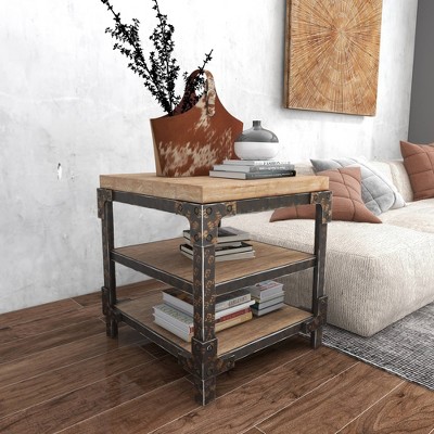 Industrial Brown Fir Wood and Metal 3-Tier Accent Table