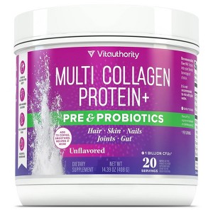 Multi Collagen Protein+ Pre and Probiotics Powder, Pre and Probiotics Supplement for Hair, Skin, Nails, Joints & Gut Health, Vitauthority, 20 servings - 1 of 3