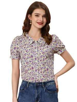 INSPIRE CHIC Women's Puff Short Sleeves Point Collar Button Down Floral Shirts