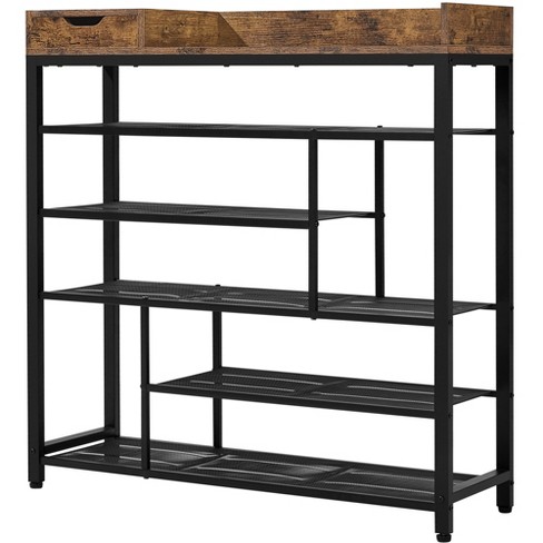 3-Tier Shoe Rack Industrial Shoe Bench with Storage Shelves-Brown