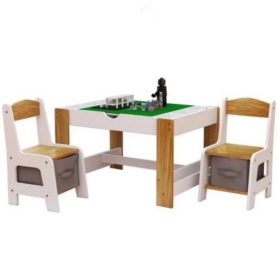 White Kids 2 in 1 Play Table & 2 Chairs Set,with 7 Storage Compartments,Compatible