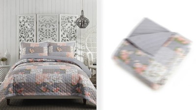 Gray Reversible Twin Microfiber Quilt Set with Floral Design