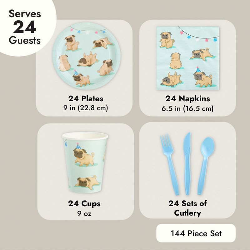 Blue Panda 144 Piece Dog Party Supplies, Pug Birthday Decorations with Paper Plates, Napkins, Cups, and Cutlery (Serves 24), 4 of 10