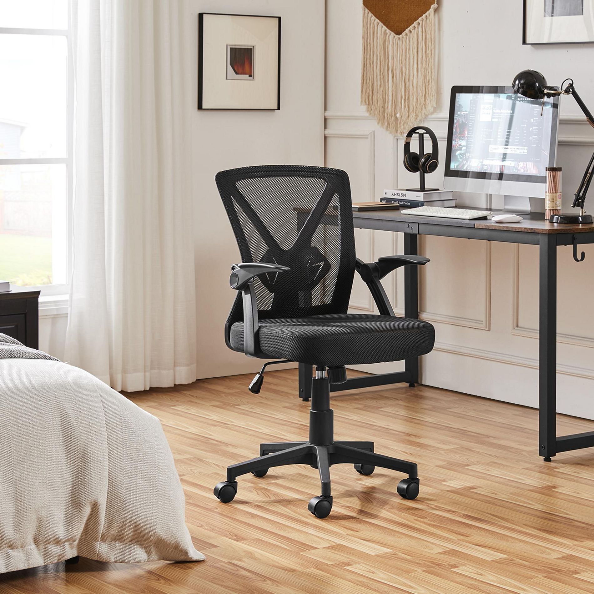 Yaheetech Ergonomic Mesh Office Chair, Adjustable Height Desk Chair with Flip Armrests & Lumbar Support for Home Office, Black