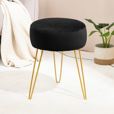Arceso Velvet Vanity Stool, Round Gray Ottoman Stool with Sturdy Wooden Legs for Bedroom, Makeup Room, and Living Room