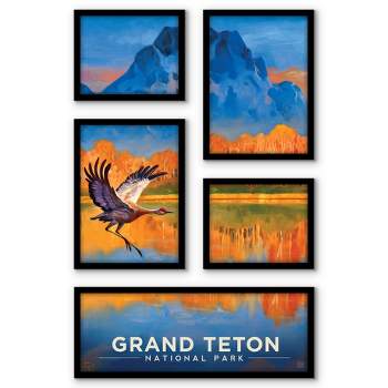 Americanflat Grand Teton National Park Bird 5 Piece Grid Wall Art Room Decor Set - landscape Animal Modern Home Decor Wall Prints