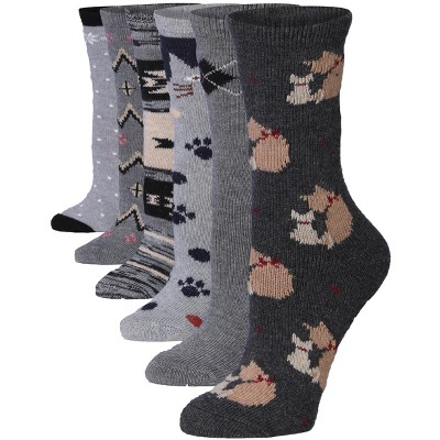 Tipi Toe 6-Pairs Women's Extra Warm Wool-Blend Grey Tone Dots Zigzags Paws Patterned Crew Boot Socks