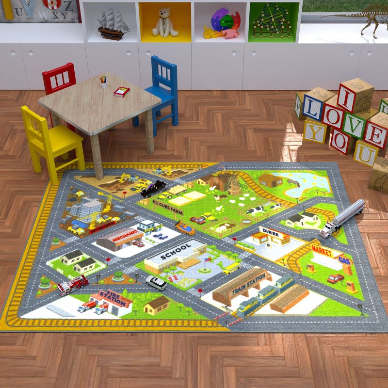 KC CUBS Boy & Girl Kids Country Farm Road W/ Construction Vehicle Car Traffic Educational Learning & Game Nursery Classroom Rug Carpet, 4 of 11