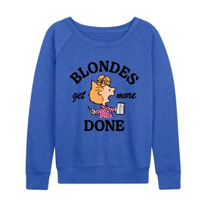 Women's - Peanuts - Blondes Get More Done Lightweight French Terry Wide Neck Long Sleeve Graphic Shirt - 1 of 4
