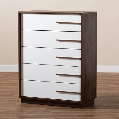 Mette 42" White and Walnut Mid-Century Modern 5-Drawer Chest