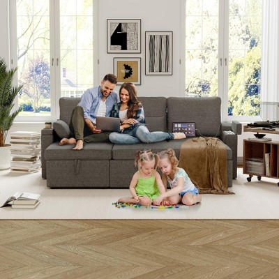 Reversible Sectional Sofa with Pull-Out Sleeper, USB Ports, Built-In Storage, Washable Covers, L-Shaped Design