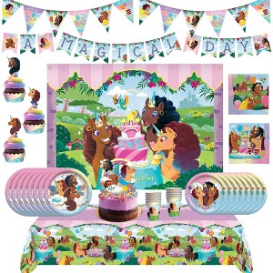 Treasures Gifted Afro Unicorn Party Supplies - Ultimate Set for 16 Guests - Cake Topper, Tablecloth, Banner, Balloons, Photo Backdrop, Tableware - 1 of 4