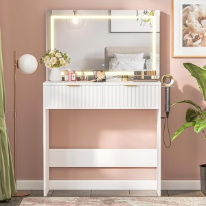 Fluted Vanity Desk w/Mirror and Lights, Small Makeup Vanity with 2 ...